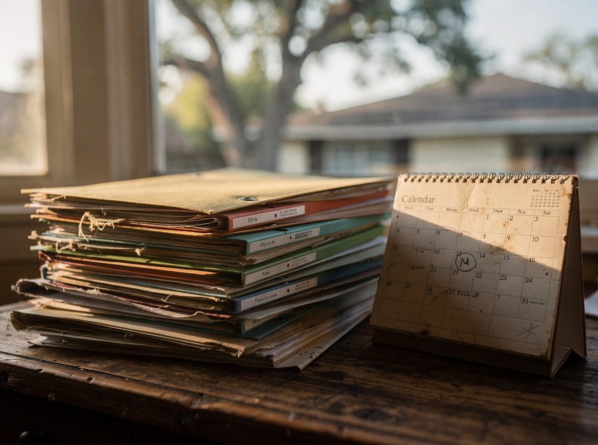 A stack of monthly proof folders beside a desk calendar with one date circled.