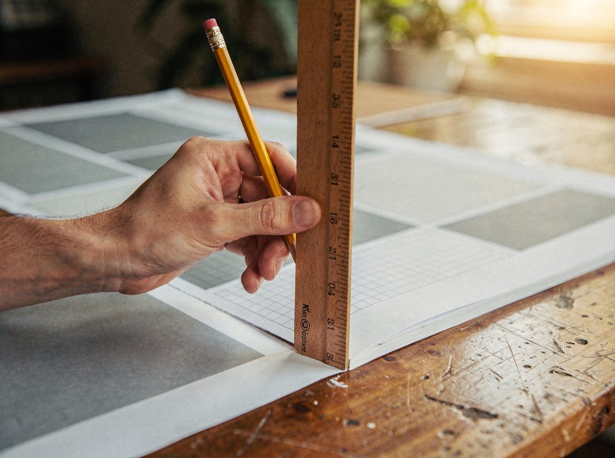 A hand measuring a printed page layout grid with a wooden ruler.